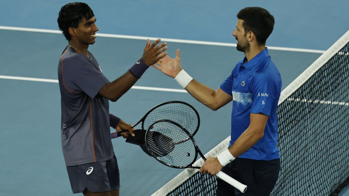 Serbia&#039;s Novak Djokovic (R) greets U.S.&#039; Nishesh Basavareddy at the Australian Open, Melbourne Park, Melbourne, Australia, Jan. 13, 2025. (Reuters Photo)
