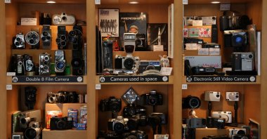 Old camera models are displayed at the Extinct Media Museum, a private museum showcasing a collection of defunct gadgets, including old cameras, cassette tapes and cell phones, Tokyo, Japan, Jan. 11, 2025. (Reuters Photo)