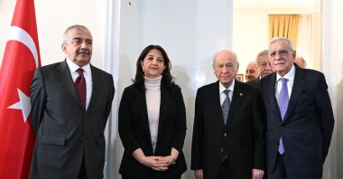 Nationalist Movement Party (MHP) leader Devlet Bahçeli (2nd R) poses ahead of a meeting with Peoples&#039; Equality and Democracy Party (DEM Party) lawmakers Pervin Buldan (2nd L), Sırrı Süreyya Önder (L) and Ahmet Türk (R) at Parliament, Ankara, Türkiye, Jan. 2, 2024. (AA Photo)