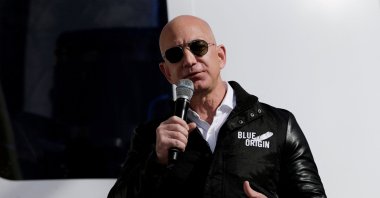 Amazon and Blue Origin founder Jeff Bezos addresses the media about the New Shepard rocket booster and Crew Capsule mockup at the 33rd Space Symposium, Colorado, U.S., April 5, 2017. (Reuters Photo)