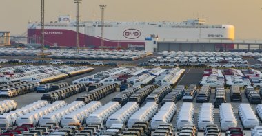 A ro-ro ship of clean energy vehicles, &#039;&#039;BYD Hefei,&#039;&#039; loads new energy vehicles for export to Zeebrugge Port in Belgium at Haitong (Taicang) Automobile Terminal, Taicang Port district of Suzhou Port, Suzhou, China, Jan. 11, 2025. (Getty Images Photo)