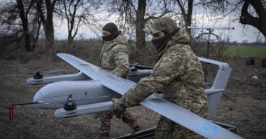 Ukrainian soldiers prepare to start the Poseidon H10 Middle-range UAV at the frontline, near Bakhmut, Donetsk region, Ukraine, March 26, 2024. (AP Photo)