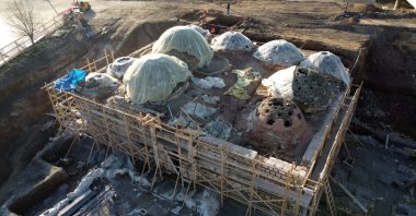 An aerial view of Gazi Mihal Hammam in Edirne, Türkiye, Jan. 10, 2025. (DHA Photo)