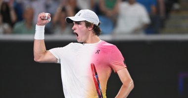 Brazil&#039;s Joao Fonseca celebrates during an Australian Open match against Russia&#039;s Andrey Rublev, in Melbourne, Australia, Jan. 14, 2025. (EPA Photo)