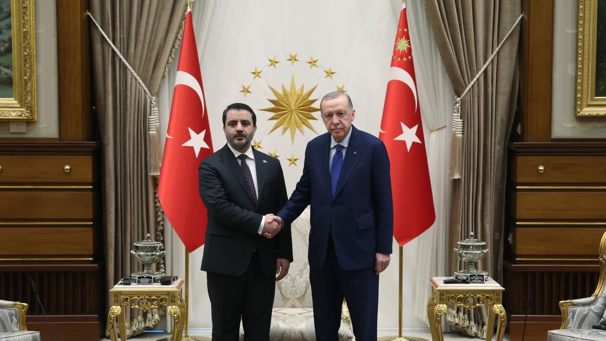 President Recep Tayyip Erdoğan shakes hands with Syria&#039;s new Foreign Minister Asaad Hassan al-Shaibani, at the Presidential Complex, Jan. 15, 2025. (DHA Photo)