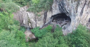 A drone-captured aerial view highlights the entrance of Inönü Cave in Zonguldak, northern Türkiye, Jan. 15, 2024. (DHA Photo)
