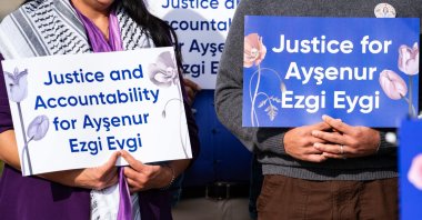 Signs at a news conference on the death of Ayşenur Ezgi Eygi outside the U.S. Capitol, Washington, U.S., Dec. 17, 2024. (AFP Photo)