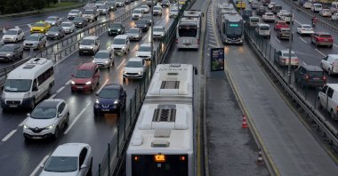 A general view shows Metrobuses and a traffic jam, Istanbul, Türkiye, Dec. 30, 2024. (AA Photo)