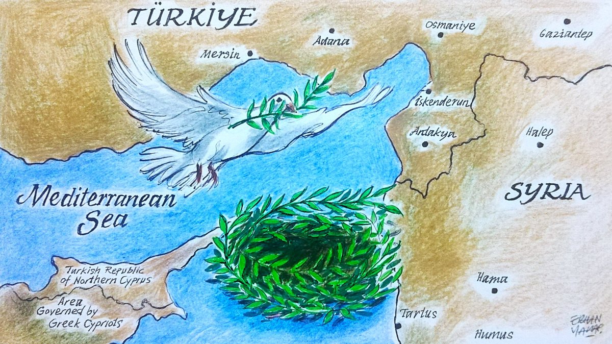 "If the TRNC can be included in the Türkiye-Syria maritime border agreement, it will not only prevent the maximalist demands of the Greek Cypriot administration and their usurpation of the TRNC&#039;s rights, but it will also pave the way for the TRNC to be recognized by Syria, at least de facto." (Illustration by Erhan Yalvaç)