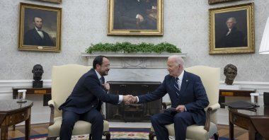 U.S. President Joe Biden shakes hands with Greek Cypriot leader Nikos Christodoulides during a meeting, Washington, U.S., Oct. 30, 2024. (AP Photo)