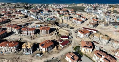 An aerial view of new housing units built in the Arsuz district following the devastating February 2023 earthquakes, southern Hatay province, Türkiye, Dec. 19, 2024. (AA Photo)