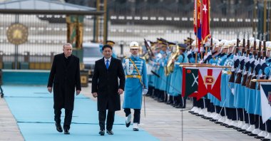 President Recep Tayyip Erdoğan welcomes Mongolian counterpart Ukhnaa Khurelsukh in an official ceremony in Ankara, Jan. 16, 2025. (AA Photo)