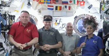 This image from a NASA video shows astronauts, from L to R, Butch Wilmore, Nick Hague, Don Pettit and Suni Williams aboard the International Space Station (ISS) as they speak with NASA Administrator Bill Nelson on Jan. 8, 2025. (NASA Handout via AFP)