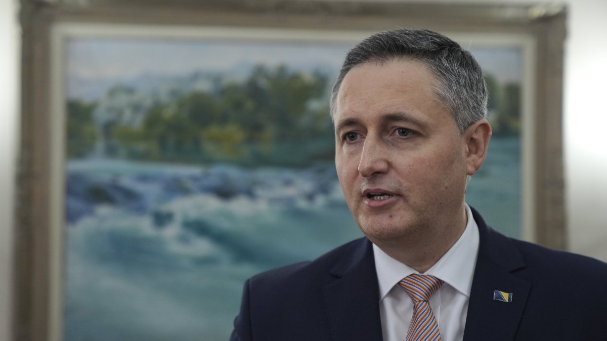 Bosnia-Herzegovina Presidency Chair Denis Becirovic speaks to Anadolu Agency (AA) at his office, Sarajevo, Bosnia-Herzegovina, Jan. 16, 2024. (AA Photo)