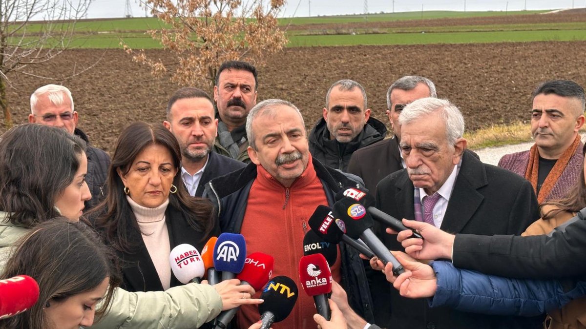 Peoples&#039; Equality and Democracy Party (DEM Party) lawmakers Sırrı Süreyya Önder (C), Pervin Buldan (L) and Ahmet Türk (R) talk to reporters after visiting Selahattin Demirtaş in prison, northwestern Edirne province, Türkiye, Jan. 11, 2025. (AA Photo)