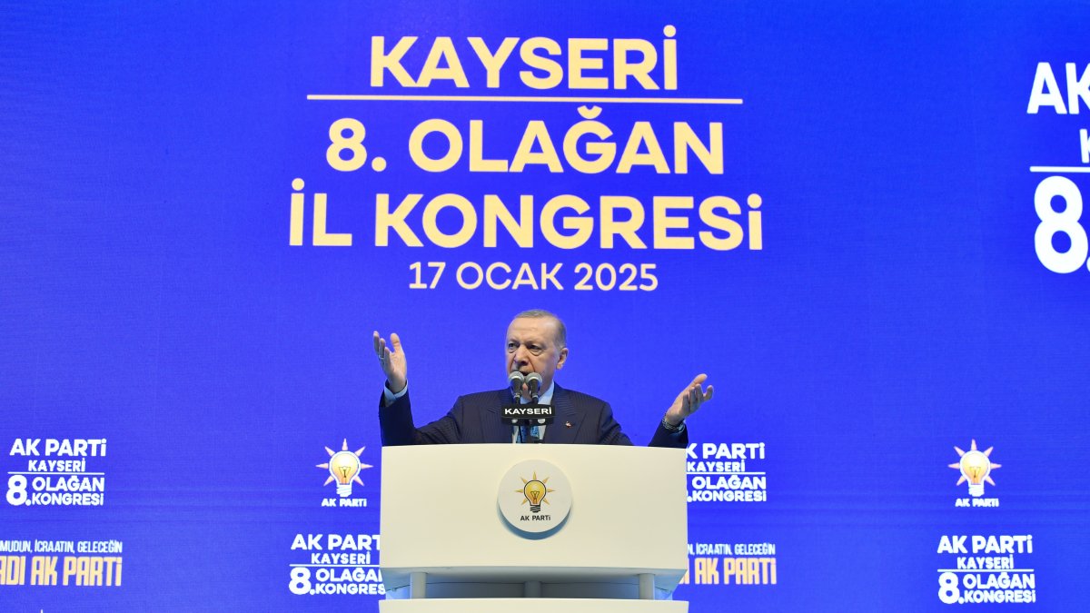 President Recep Tayyip Erdoğan speaks at the ruling AK Party&#039;s 8th Ordinary Convention in Kayseri, Jan. 17, 2025. (IHA Photo)
