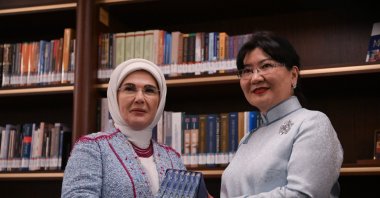 First lady Emine Erdoğan (L) and Bolortsetseg Luvsandorj, first lady of Mongolia, meet in Ankara,Türkiye, Jan. 17, 2024. (AA Photo)  