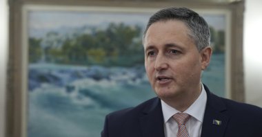 Bosnia-Herzegovina Presidency Chair Denis Becirovic speaks to Anadolu Agency (AA) at his office, Sarajevo, Bosnia-Herzegovina, Jan. 16, 2024. (AA Photo)