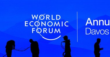 Staff members prepare the plenary room ahead of the World Economic Forum (WEF) in Davos, Switzerland, Jan. 18, 2025. (Reuters Photo)