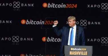 Republican presidential nominee and former U.S. President Donald Trump gestures at the Bitcoin 2024 event in Nashville, Tennessee, U.S., July 27, 2024. (Reuters Photo)
