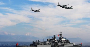 Turkish naval ships and air force planes take part in the Blue Homeland-2025 military exercise in the Aegean, off the shores of Marmaris, western Muğla province, Türkiye, Jan. 9, 2025. (Reuters Photo)