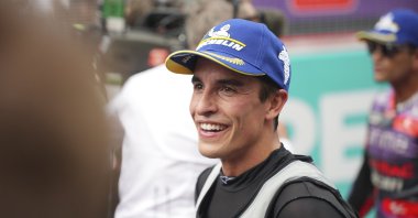 Spanish rider Marc Marquez of Gresini Racing MotoGP reacts Malaysia MotoGP race, in Sepang, Kuala Lumpur, Malaysia, Nov. 2, 2024. (AP Photo)