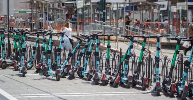 Rental electric scooters are parked in historic Sultanahmet neighborhood in Istanbul, Türkiye, June 28, 2022. (Shutterstock Photo)