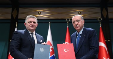 President Recep Tayyip Erdoğan and Slovakian Prime Minister Robert Fico pose with an agreement after holding bilateral talks, Ankara, Türkiye, Jan. 20, 2025. (AA Photo)