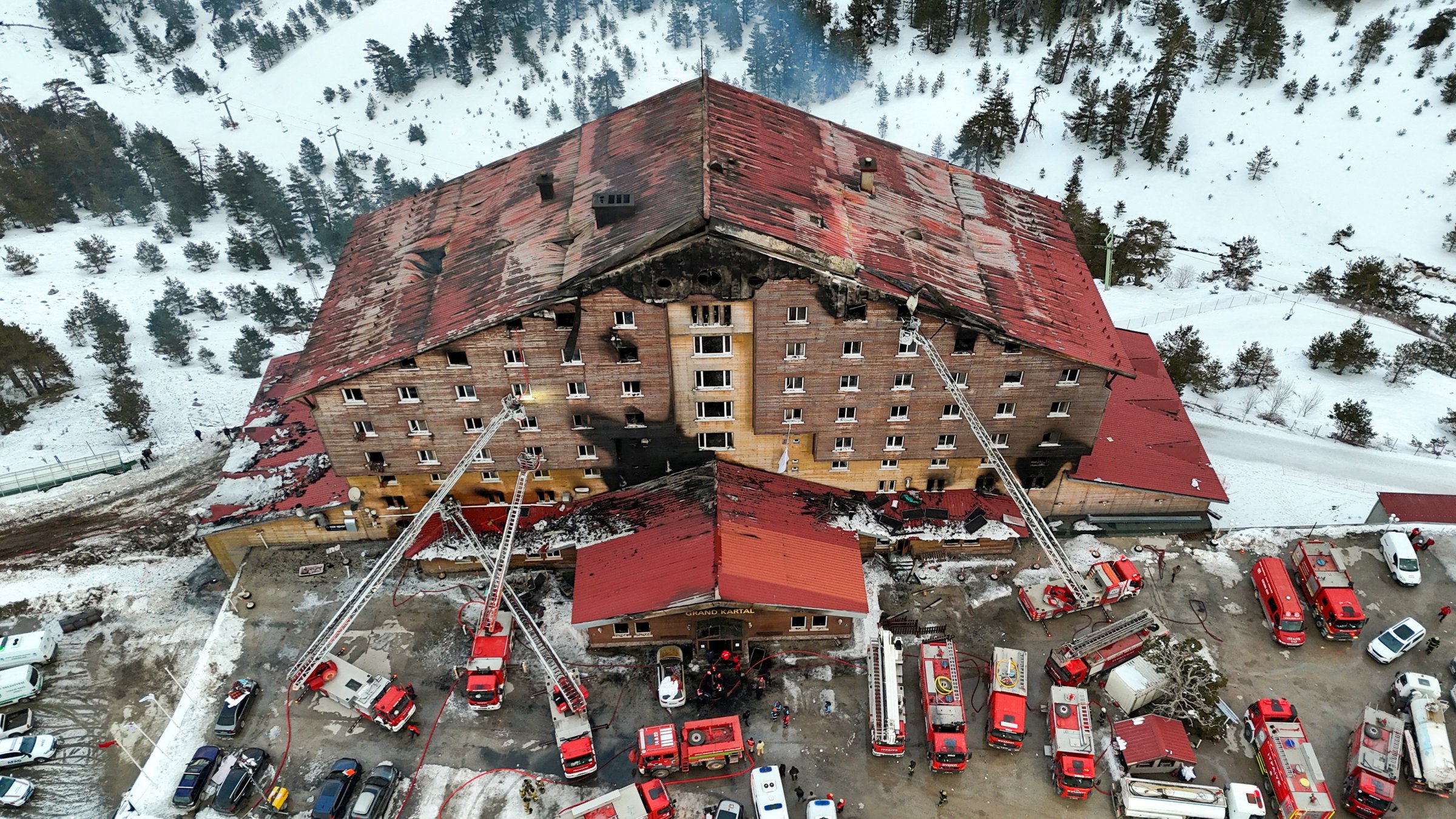 A drone view shows the aftermath of a fire at a hotel in the ski resort of Kartalkaya in Bolu, Jan. 21, 2025. (Reuters Photo)