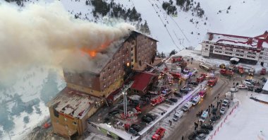 A drone-captured aerial view shows the hotel engulfed in flames at Kartalkaya Ski Resort, Bolu, northwestern Türkiye, Jan. 21, 2025. (AA Photo)