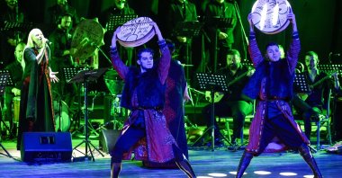 Performers of the Izmir State Turkic World Dance and Music Ensemble take the stage, Izmir, Türkiye, Jan. 16, 2024. (AA Photo)