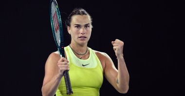 Aryna Sabalenka of Belarus celebrates winning her Australian Open quarterfinal match against Anastasia Pavlyuchenkova, in Melbourne, Australia, Jan. 21, 2025. (EPA Photo)