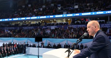 President Recep Tayyip Erdoğan addresses the Justice and Development Party (AK Party) congress, Ankara, Türkiye, Jan. 21, 2025. (AA Photo)