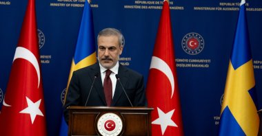 Foreign Minister Hakan Fidan speaks at a joint news conference with Swedish Foreign Minister Maria Malmer Stenergard (not pictured) in Ankara, Jan. 21, 2025. (AA Photo)