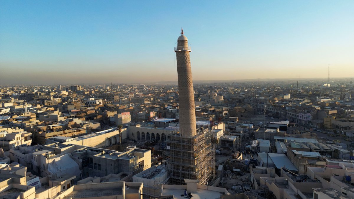 A drone shows an aerial view of Mosul and the Grand al-Nuri Mosque, which was rebuilt after it was blown up by Daesh terrorists, Iraq, Jan. 9, 2025. (Reuters Photo)
