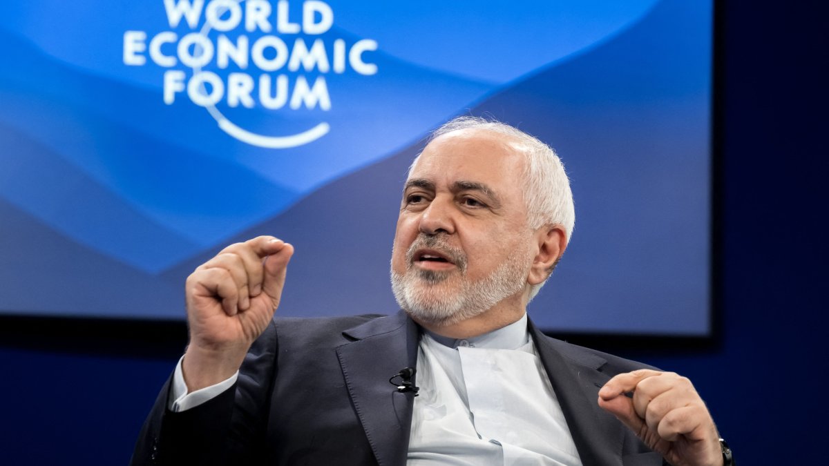 Iran&#039;s Vice-President for strategic affairs Mohammad Javad Zarif gestures as he addresses the audience during the World Economic Forum (WEF) annual meeting in Davos, Jan. 22, 2025. (AFP Photo)