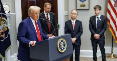 U.S. President Donald Trump (L) gives remarks on artificial intelligence (AI) infrastructure as Larry Ellison (2-L), chief technology officer of Oracle, Masayoshi Son (2-R), CEO of SoftBank, and Sam Altman (R), CEO of OpenAI, look on in the Roosevelt Room of the White House, Washington, U.S., Jan. 21, 2025. (EPA Photo)