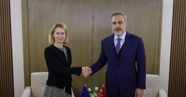EU High Representative for Foreign Affairs and Security Policy Kaja Kallas (L) shakes hands with Foreign Minister Hakan Fidan on the margins of a Syria-focused meeting, Riyadh, Saudi Arabia, Jan. 12, 2025. (AA Photo)