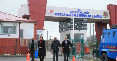 Peoples’ Equality and Democracy Party (DEM) lawmakers Sırrı Süreyya Önder (C) and Pervin Buldan (2nd L) leave Kocaeli prison after their visit to jailed Peoples’ Democratic Party (HDP) co-Chair Figen Yüksekdağ, Kocaeli, Türkiye, Jan. 12, 2025. (AA Photo)