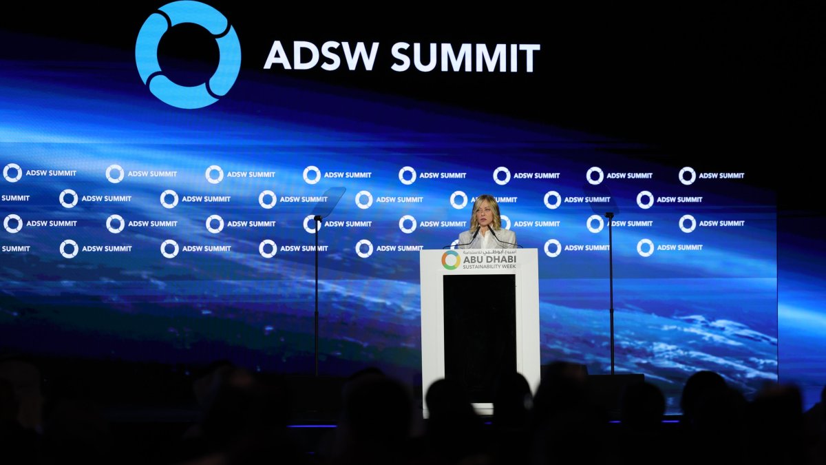 Italian Prime Minister Giorgia Meloni delivers a speech during the Abu Dhabi Sustainability Week (ADSW) as part of the World Future Energy Summit 2024 (WFES), Abu Dhabi, UAE, Jan. 15, 2025. (EPA Photo)