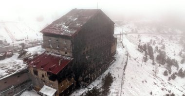 An aerial view of the severely damaged Grand Kartal Hotel after the tragic fire, Bolu, Türkiye, Jan. 11, 2025. (AA Photo)