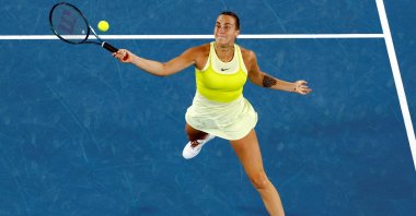 Belarus&#039; Aryna Sabalenka in action during her semifinal match against Spain&#039;s Paula Badosa, Melbourne, Australia, Jan. 23, 2025 (Reuters Photo)