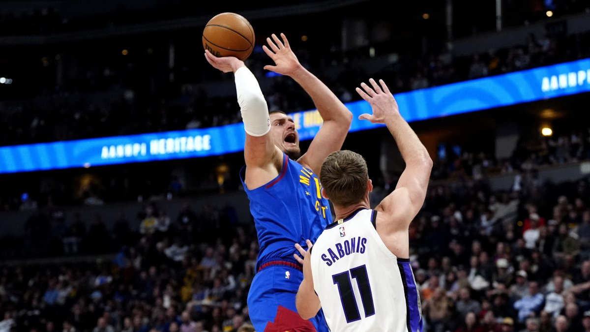 Denver Nuggets center Nikola Jokic (15) shoots over Sacramento Kings forward Domantas Sabonis (11) in the first quarter at Ball Arena, Denver, Colorado, U.S., Jan 23, 2025. (Reuters)
