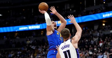 Denver Nuggets center Nikola Jokic (15) shoots over Sacramento Kings forward Domantas Sabonis (11) in the first quarter at Ball Arena, Denver, Colorado, U.S., Jan 23, 2025. (Reuters)