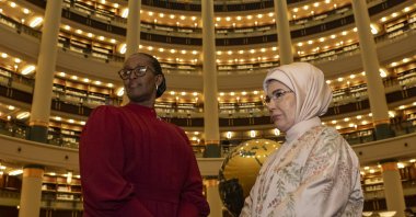 First lady Emine Erdoğan (R) and Rwandan first lady Jeannette Kagame explore works in the Presidential Library, Ankara, Türkiye, Jan. 23, 2024. (AA Photo)