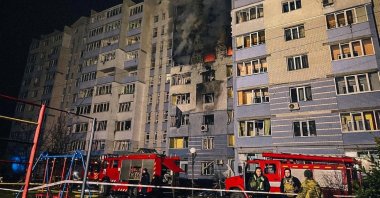 Firefighters work at a site of an apartment building damaged during a Russian drone strike, in the town of Hlevakha, Kyiv region, Ukraine, Jan. 24, 2025. (Reuters Photo)