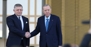 President Recep Tayyip Erdoğan (R) welcomes Slovak Prime Minister Robert Fico, Ankara, Türkiye, Jan. 20, 2025. (AA Photo)