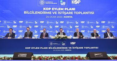 Vice President Cevdet Yılmaz (C), Industry and Technology Minister Mehmet Fatih Kacır (3rd L) and other ministers attend the meeting on KOP Action Plan, in Konya, Türkiye, Jan. 24, 2025. (AA Photo)
