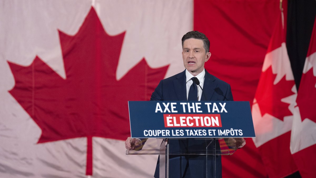 Conservative Party leader Pierre Poilievre speaks with reporters during a news conference, Ottawa, Canada, Jan. 9, 2025. (AP Photo)
