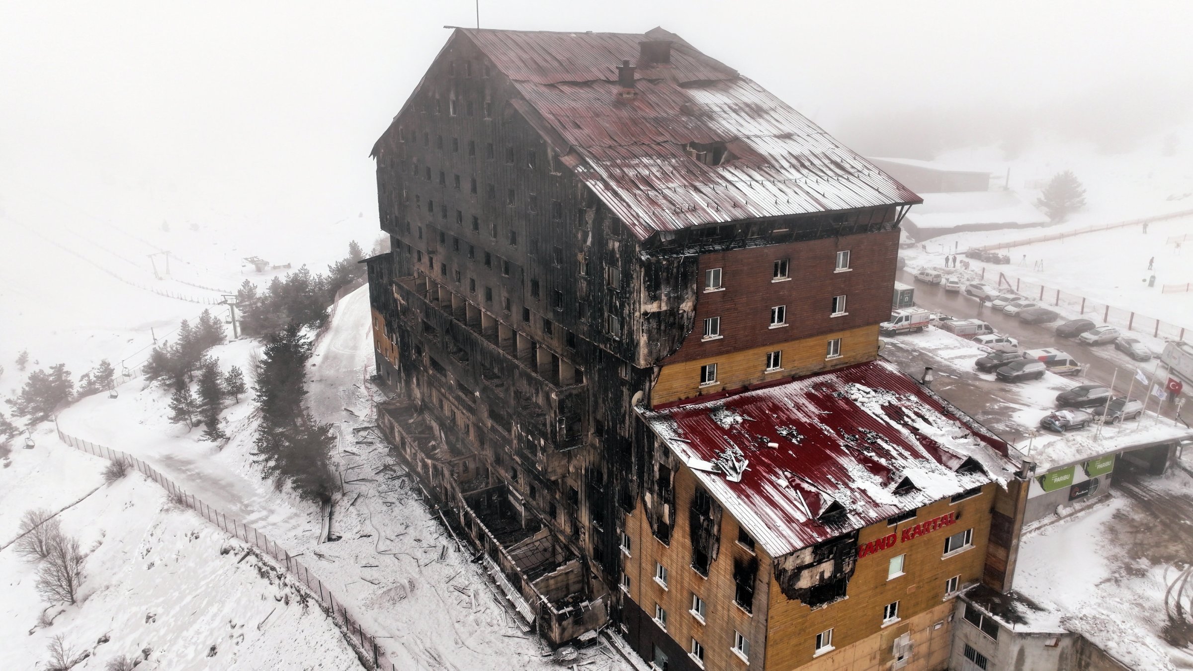 A drone-captured aerial view shows the hotel engulfed in flames at Kartalkaya Ski Resort, Bolu, northwestern Türkiye, Jan. 21, 2025. (AA Photo)